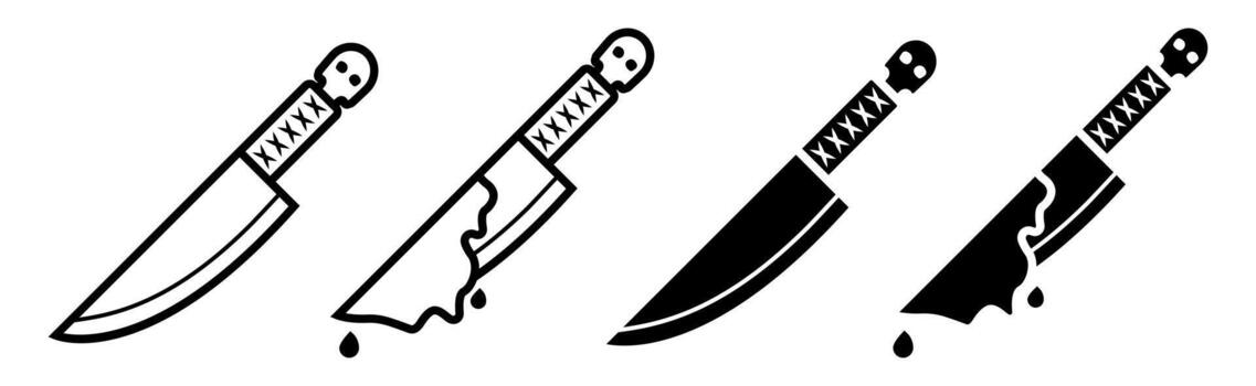 conjunto Víspera de Todos los Santos cuchillo icono colocar. un conjunto de minimalista plano diseño íconos presentando un cuchillo con un cráneo manejar. el cuchillo tiene un agudo espada y es presentado en ambos contorno y sólido estilos. vector