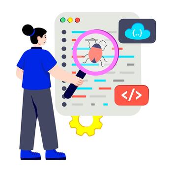 Virus under magnifying glass on webpage, software testing vector