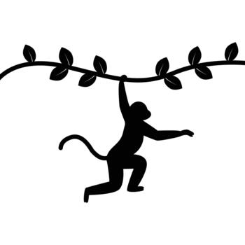 Black silhouette of a monkey hanging from a tree branch. Playful monkey silhouette hanging from a leafy tree branch. illustration isolated on white background. vector