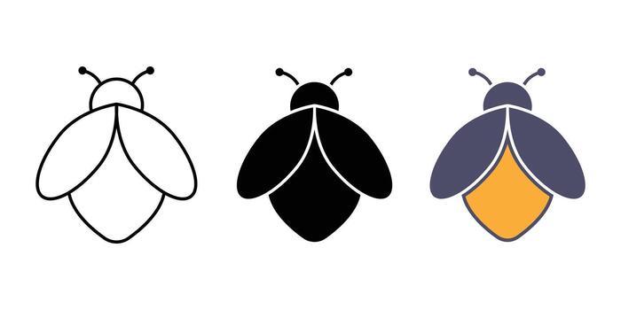 Firefly bug Icon set. Set of fireflies insect glyphs in black and dark blue color. illustration of a stylized firefly with a simplified design. vector