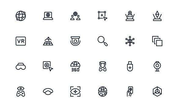 Virtual Reality and Metaverse outLine Icon Set. Modern minimal collection illustrating immersive worlds, digital interaction, and advanced virtual interfaces. vector