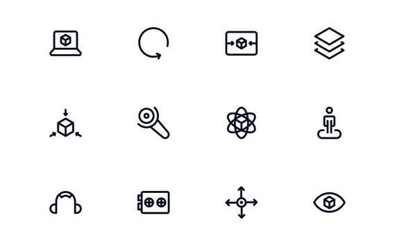 Virtual Reality and Metaverse Line Icon pack. Modern minimal collection illustrating immersive worlds, digital interaction, and advanced virtual interfaces. vector