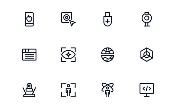 Virtual Reality and Metaverse Line Icon Set. Modern minimal collection illustrating immersive worlds, digital interaction, and advanced virtual interfaces. vector