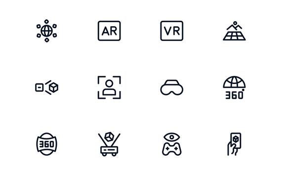 Virtual Reality and Metaverse Professional Line Icon collection. minimal collection illustrating immersive worlds, digital interaction, and advanced virtual interfaces. vector