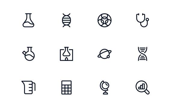 Sleek Science Icon Pack displaying Science Apps, Laboratory Tools, and Experiment Dashboards vector