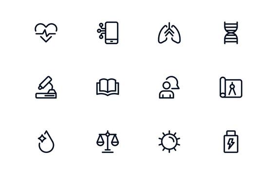 Stylish Science Icon Library exploring Scientific Research, Laboratory Dashboards, and Experiment Apps vector