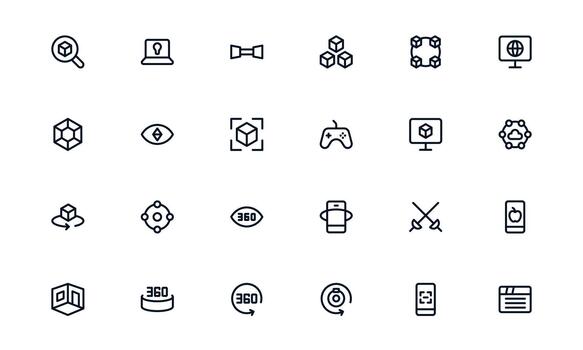 Virtual Reality and Metaverse outline Icon collection. Modern minimal collection illustrating immersive worlds, digital interaction, and advanced virtual interfaces. vector