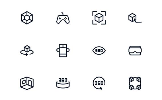Virtual Reality and Metaverse Professional Line Icon Set. Modern minimal collection illustrating immersive worlds, digital interaction, and advanced virtual interfaces. vector