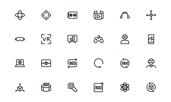 Virtual Reality and Metaverse Professional Line Icon collection. Modern collection illustrating immersive worlds, digital interaction, and advanced virtual interfaces. vector