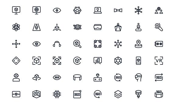 Virtual Reality and Metaverse Professional outline Icon Set. Modern minimal collection illustrating immersive worlds, digital interaction, and advanced virtual interfaces. vector