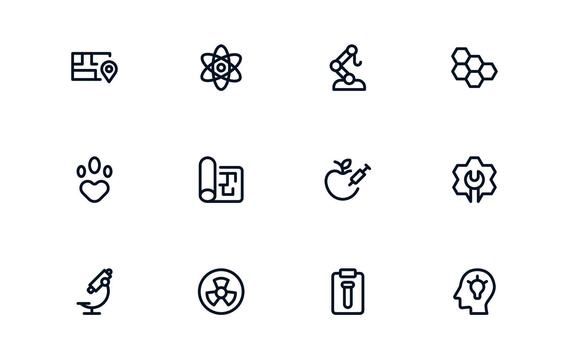 Interactive Science Icon Pack displaying Research Apps, Lab Dashboards, and Scientific Tools vector