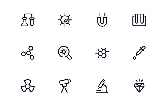 Minimal Science Icon Collection illustrating Research Dashboards, Laboratory Apps, and Experiment Tools vector