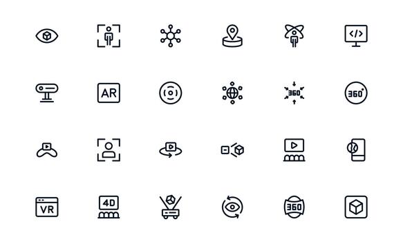 Virtual Reality and Metaverse minimal Line Icon bundle. Modern minimal collection illustrating immersive worlds, digital interaction, and advanced virtual interfaces. vector