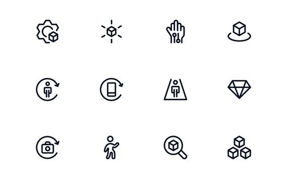 Virtual Reality and Metaverse minimal outline Icon Set. Modern minimal collection illustrating immersive worlds, digital interaction, and advanced virtual interfaces. vector
