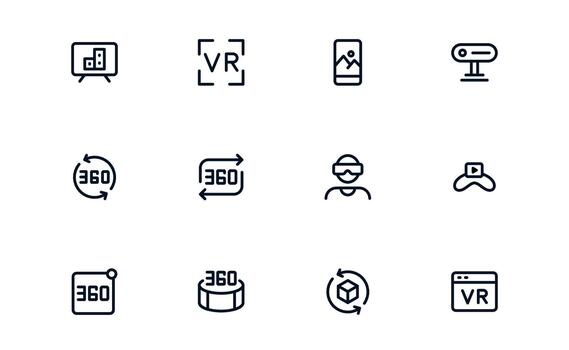 Virtual Reality and Metaverse minimal Line Icon collection. Modern minimal collection illustrating immersive worlds, digital interaction, and advanced virtual interfaces. vector