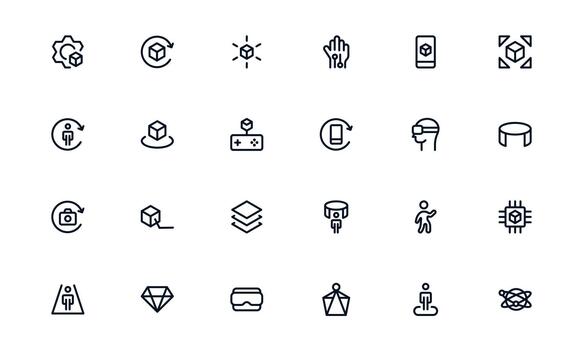 Virtual Reality and Metaverse minimal Line Icon Set. Modern minimal collection illustrating immersive worlds, digital interaction, and advanced virtual interfaces. vector