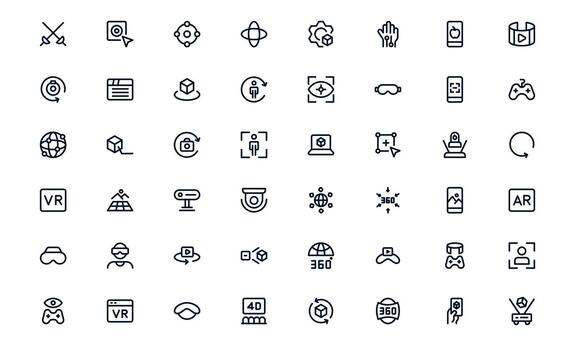 Virtual Reality and Metaverse Professional Line Icon bundle. Modern minimal collection illustrating immersive worlds, digital interaction, and advanced virtual interfaces. vector