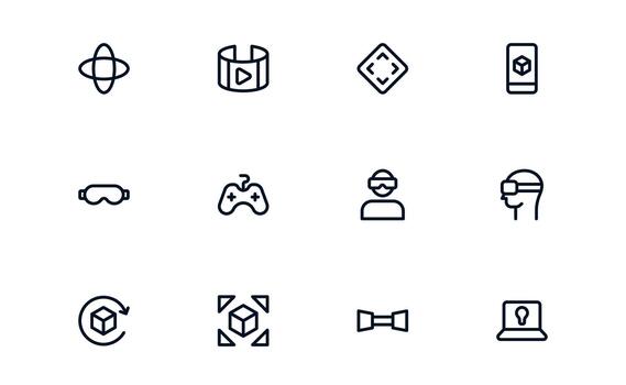 Virtual Reality and Metaverse outline Icon bundle. Modern minimal collection illustrating immersive worlds, digital interaction, and advanced virtual interfaces. vector