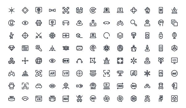 Virtual Reality and Metaverse Line Icon bundle. Modern minimal collection illustrating immersive worlds, digital interaction, and advanced virtual interfaces. vector