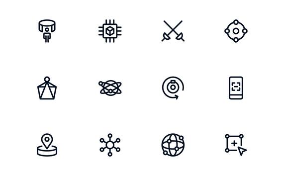 Virtual Reality and Metaverse Professional Line Icon pack. Modern minimal collection illustrating immersive worlds, digital interaction, and advanced virtual interfaces. vector