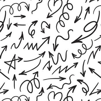 negro garabatear flechas sin costura modelo en blanco fondo.mano dibujado bosquejo flecha repetir, remolino, curvo, zigzag sin costura diseño vector