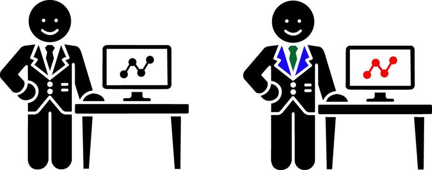 Two businessmen in suits standing next to desks with computers displaying graphs silhouette vector