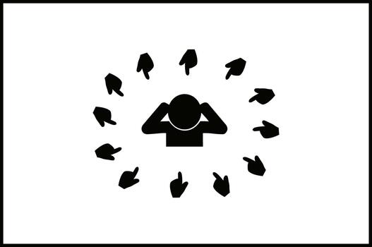 Person covering ears surrounded by pointing fingers, symbolizing blame or criticism isolated on vector