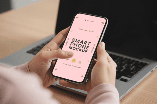 teléfono inteligente Bosquejo monitor con manos participación dispositivo en contra ordenador portátil en suave natural Encendiendo y pálido rosado pantalla estético en de madera escritorio neutral antecedentes Perfecto para digital ui diseño y aplicación psd