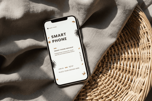 mobile dispositivo modello visualizzazione bianca schermo su malacca vassoio con ombra grigio strutturato tessuto sotto nel luminosa ambientale illuminazione superiore Visualizza psd