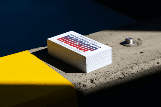 pila di attività commerciale carte modello visualizzato su calcestruzzo superficie con giallo metallo accento e ombre, minimalista design e acuto messa a fuoco per professionale presentazione psd