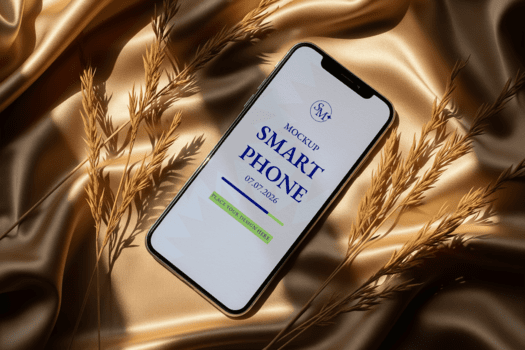 smartphone modello con d'oro tessuto e Grano steli visualizzazione un' pulito interfaccia nel caldo illuminazione regali un' moderno e elegante presentazione ideale per App design e mobile tecnologia in mostra psd
