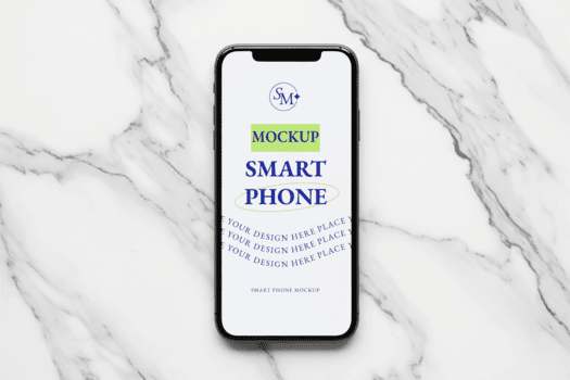 elevato Visualizza di nero incorniciato smartphone modello su elegante bianca marmo sfondo con intricato venature, pulito presentazione, studio illuminazione, minimalista composizione per pubblicità e presentazione psd