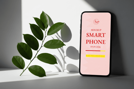 minimalista Telefono modello con verde le foglie e ombra giocare su bianca superficie estetico presentazione di mobile dispositivo con rosa schermo modello modello isolato su neutro sfondo delicato e pulito psd