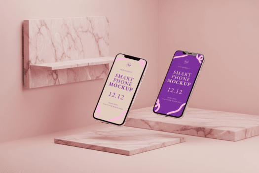 estetico pixelated Telefono mockup galleggiante al di sopra di rosa marmo piattaforme nel morbido studio illuminazione digitale arte visualizzazione pixelated testo su schermi la creazione di un' retrò Tech vibrazione contro un' rosa sfondo psd