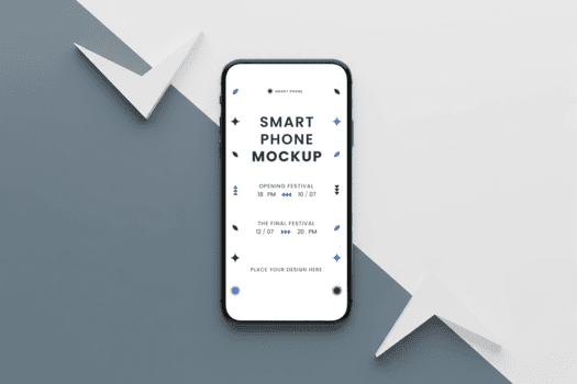 estetico nero smartphone modello visualizzato su un' Diviso grigio e bianca sfondo con geometrico carta forme morbido ombra e pulito presentazione sottolineando semplicità e minimalista design per mobile psd