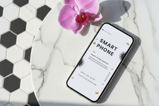 elegante Telefono modello con orchidea su marmo tavolo superiore Visualizza con un' smartphone visualizzazione un' grafico design su un' stilizzato geometrico sfondo con bianca equilibrio e morbido ombre psd