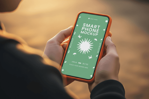 manos participación móvil teléfono con naranja caso mostrando verde pantalla en borroso antecedentes calentar tonos inteligente dispositivo tecnología innovación inalámbrico comunicación moderno electrónico artilugio Bosquejo psd