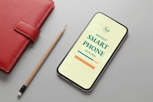 alto Visualizza di un' smartphone modello su grigio superficie con rosso luccicante taccuino e legna matita rivelatrice estetico design e utente interfaccia elementi sotto morbido illuminazione psd