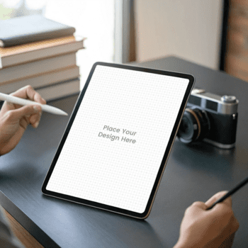 manos utilizando un moderno tableta Bosquejo con un aguja en un creativo espacio de trabajo escritorio psd