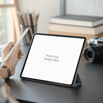 mano utilizando aguja en tableta Bosquejo en moderno espacio de trabajo psd