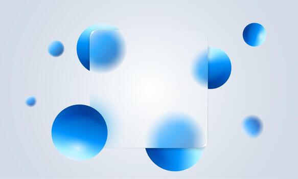 Frosted glass morphism frame with soft blur and 3D shapes creates a modern blue white card. Transparent geometric spheres add glossy glassmorphism depth for trendy UI screens, website layouts vector