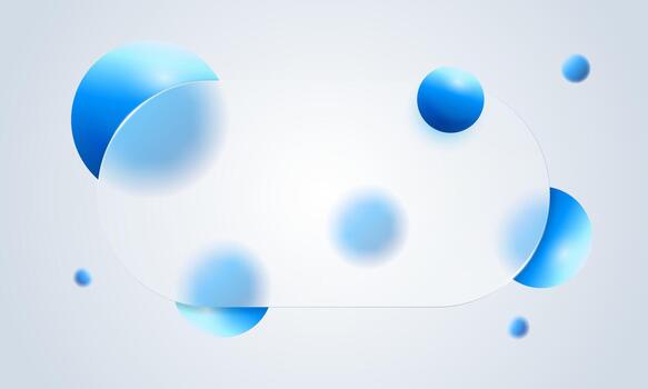 Blurred glass morphism frame with glowing blue tones and floating 3D balls shapes a sleek modern screen. Transparent frosted glassmorphism panel craft an abstract tech banner. Digital layout UI design vector