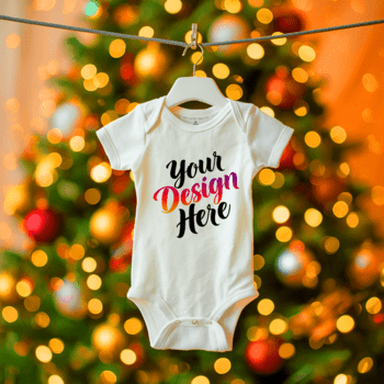 Weiß Baby Strampler mit Design hängend gegen ein verschwommen Weihnachten Baum Hintergrund auf ein Wäscheleine Clip psd