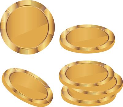 set of templates of stacks of coins of different sizes with a metallic texture, namely with a gold gradient, for financial applications, business graphics or game tokens vector