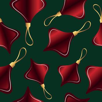 pattern with deformed Christmas balls with a beautiful red gradient with a golden tail on a green background, for holiday printing, applications or textiles vector