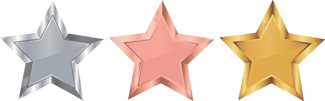 set of star template icons with designs in different metal textures, namely gold, silver and copper, for awards, achievements or rating icons vector