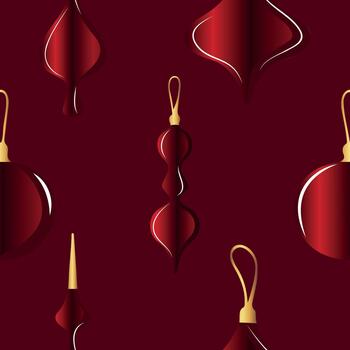 seamless pattern with Christmas tree toys of different sizes and shapes with a beautiful red gradient on a dark red background, for holiday printing, applications or textiles vector