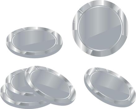 set of templates of stacks of coins of different sizes with silver, metallic texture, for financial applications, business graphics or game tokens vector