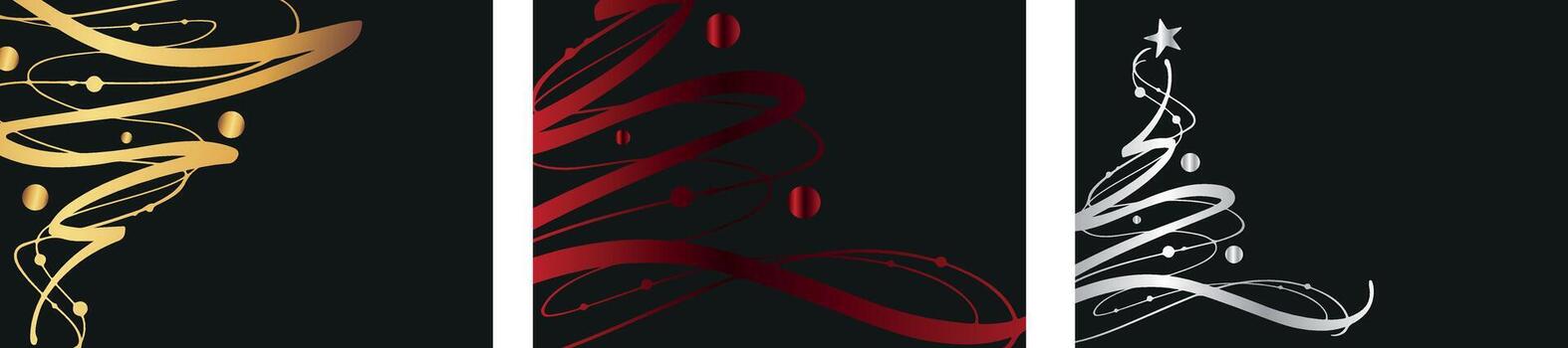 set of horizontal posters with abstract geometric lines with metallic textures forming a Christmas tree on a black background, for holiday posters, abstract backgrounds or other printing vector