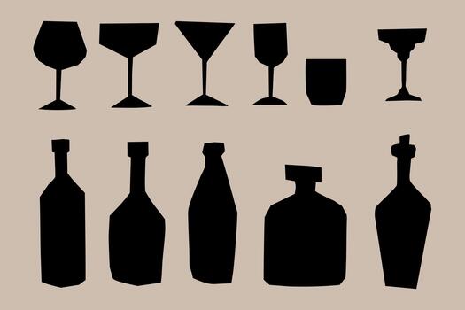 Abstract silhouettes of various drinking wine bottles and glasses. Perfect for design, menu, and branding. vector